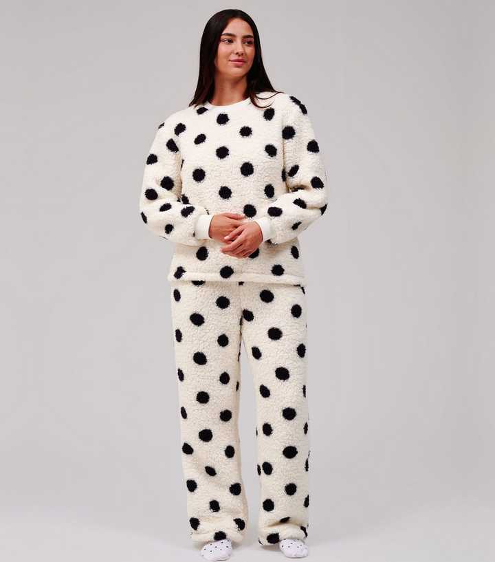 Loungeable Cream Polka Dot Borg Fleece Lounge Set