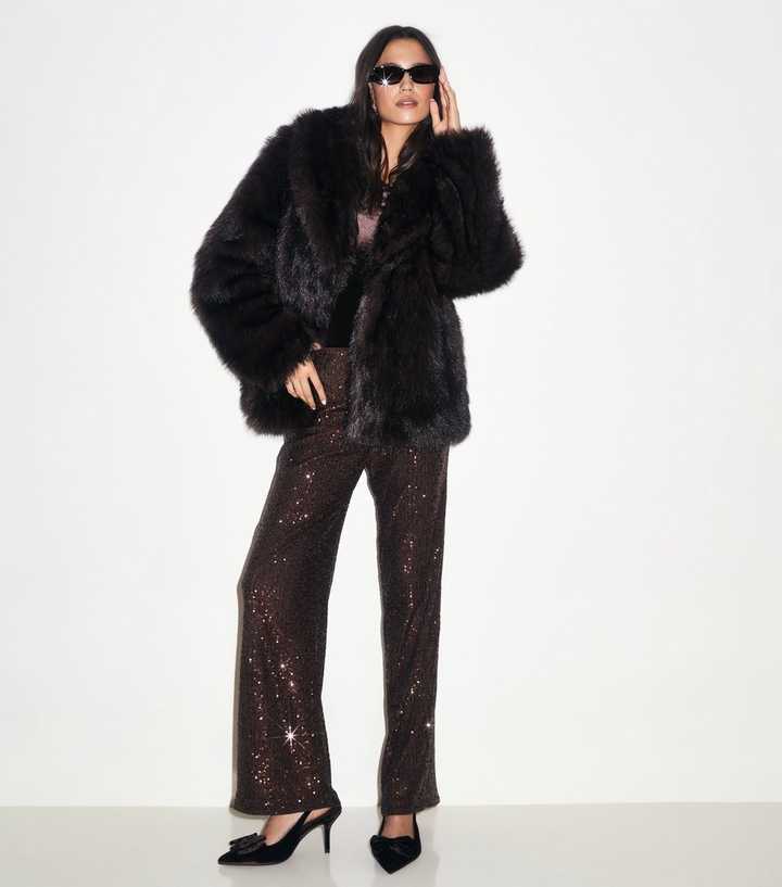 Dark Brown Sequin Embellished Straight Leg Trousers
