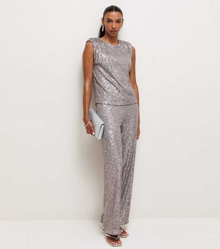 Silver Sequin Embellished Straight Leg Trousers