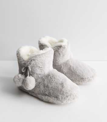 Grey Faux Fur Pom Pom Tassel Slipper Boots