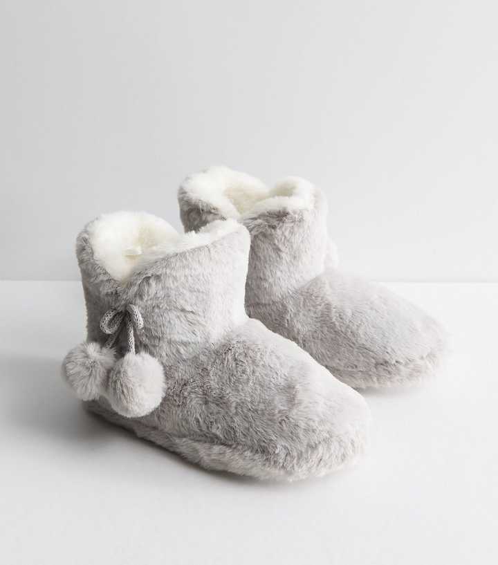 Grey Faux Fur Pom Pom Tassel Slipper Boots