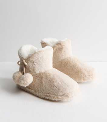 Off White Faux Fur Pom Pom Tassel Slipper Boots