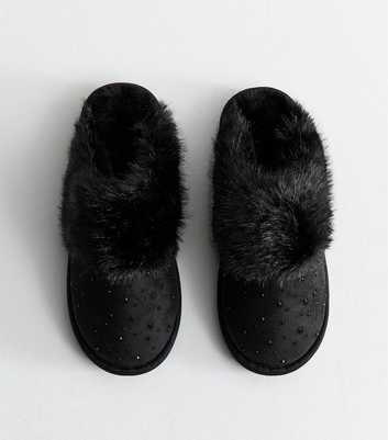 Black Faux Suede and Faux Fur Gem Embellished Slippers