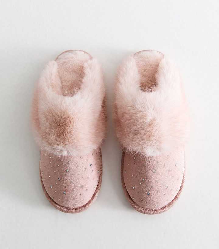 Pink Embellished Faux Suede Slipper Mules
