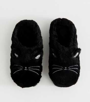 Black Faux Fur Cat Embroidered Slippers