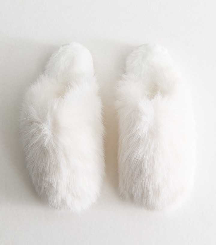 Off White Faux Fur Fluffy Mule Slippers