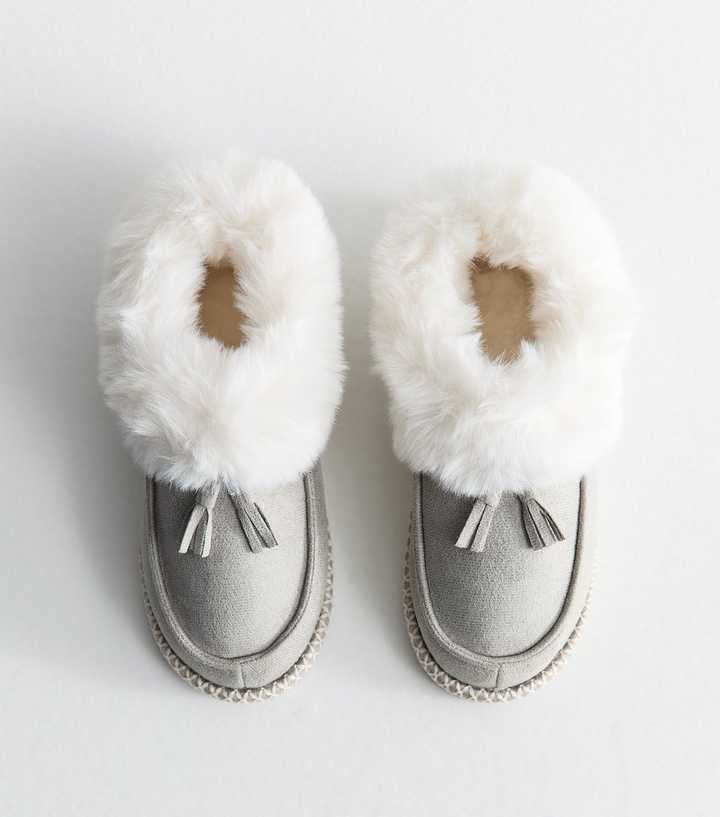 Grey Faux Suede Stitch Trim Faux Fur Lined Slipper Boots
