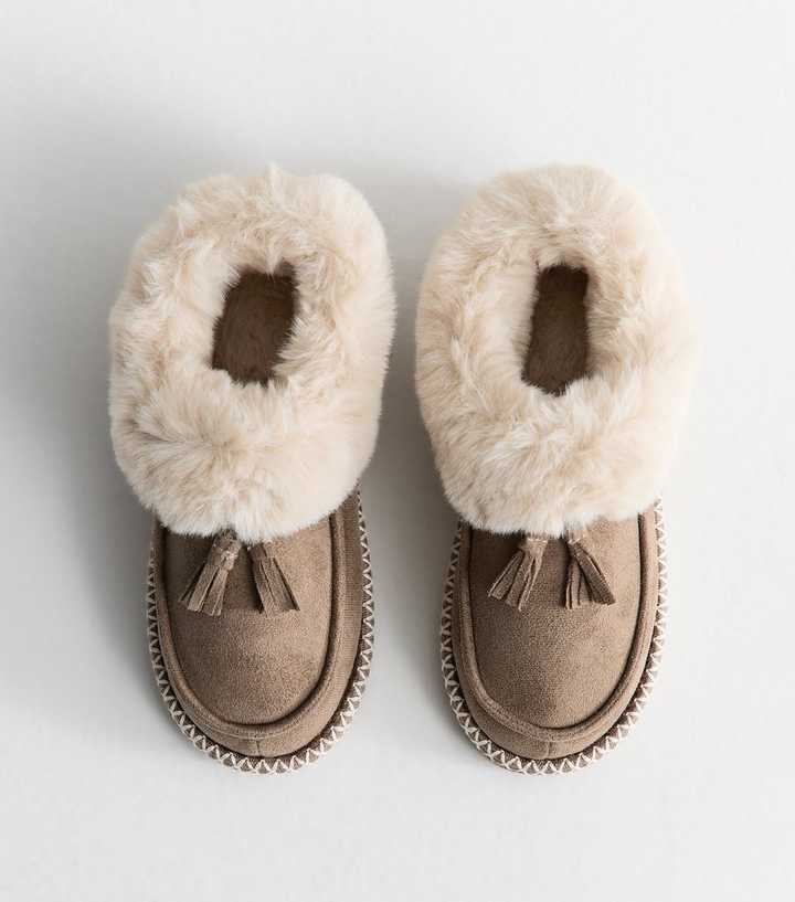 Mink Faux Suede Stitch Trim Faux Fur Lined Slipper Boots