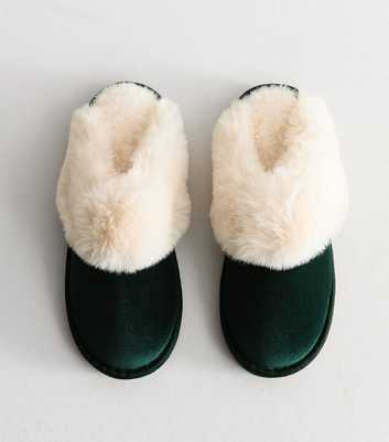 Dark Green Velvet Faux Fur Mule Slippers