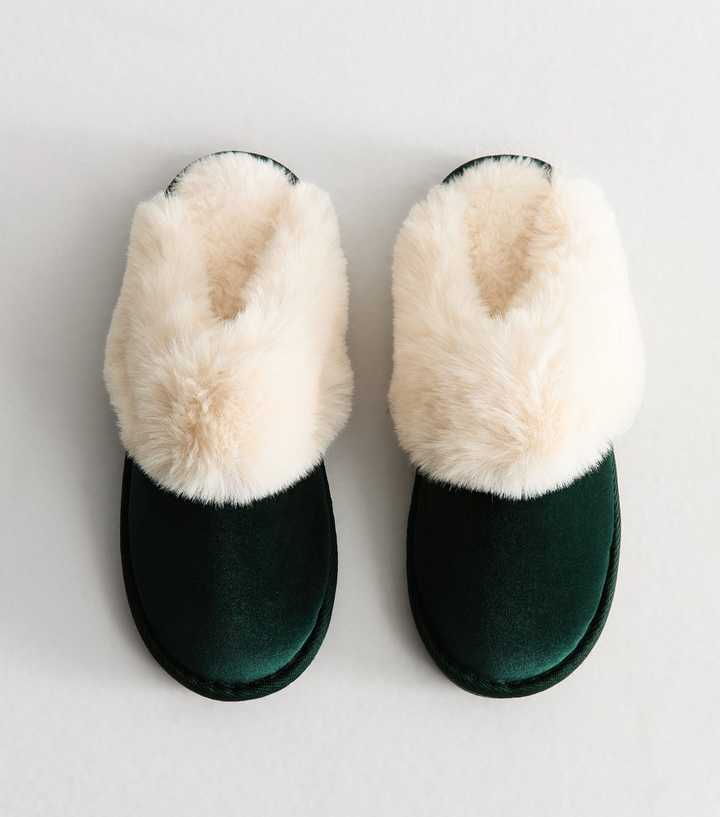 Dark Green Velvet Faux Fur Mule Slippers
