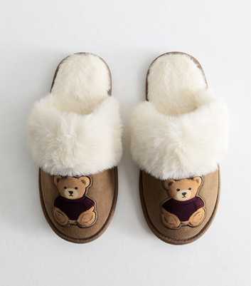 Light Brown Faux Suede Teddy Bear Embroidered Mule Faux Fur Slippers
