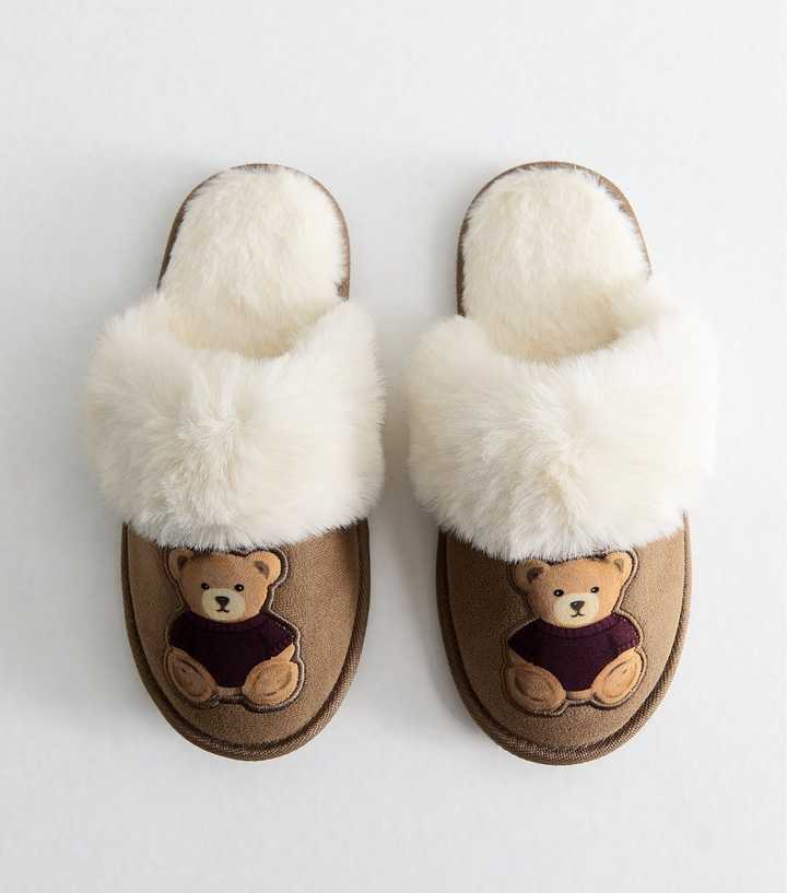 Light Brown Faux Suede Teddy Bear Embroidered Mule Faux Fur Slippers