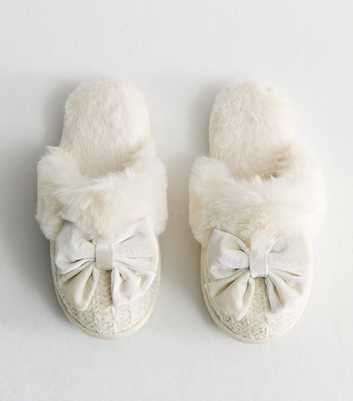 Off White Chunky Knit Velvet Bow Mule Slippers