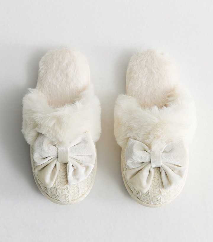 Off White Chunky Knit Velvet Bow Mule Slippers