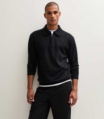 Black Cotton Rich Textured Relaxed Quarter Zip Polo Sweatshirt