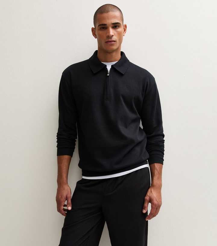 Black Cotton Rich Textured Relaxed Quarter Zip Polo Sweatshirt