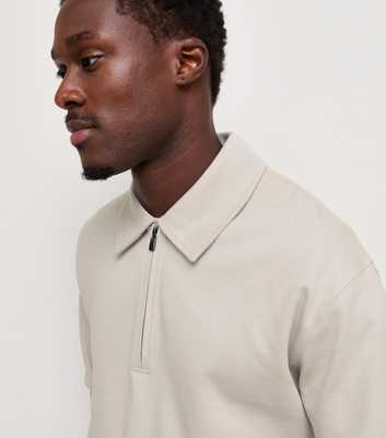 Stone Cotton Rich Textured Relaxed Quarter Zip Polo Sweatshirt