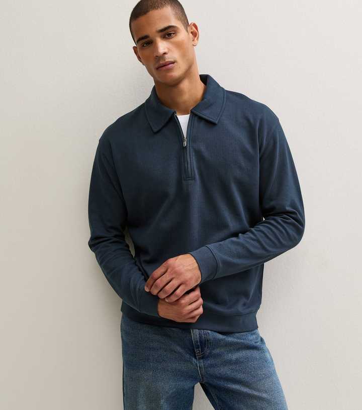 Navy Cotton Rich Textured Relaxed Quarter Zip Polo Sweatshirt