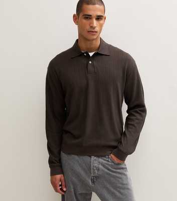 Dark Brown Cotton Rich Relaxed Fit Ribbed Polo Top