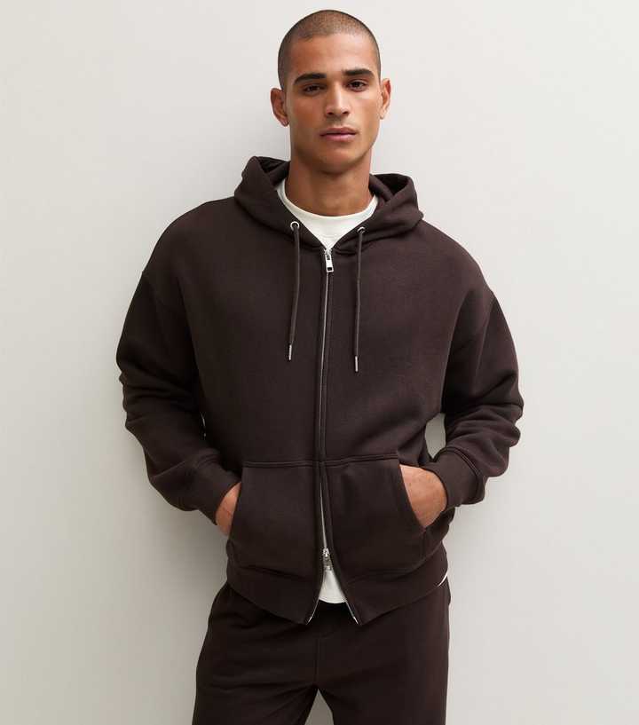 Dark Brown Cotton Rich Boxy Double Ended Zip Hoodie