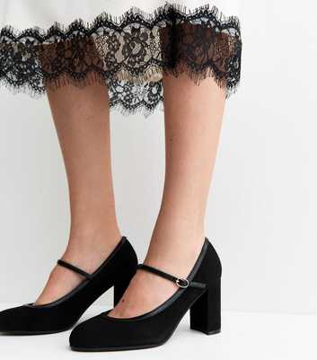 Wide Fit Black Faux Suede Block Heel Mary Janes