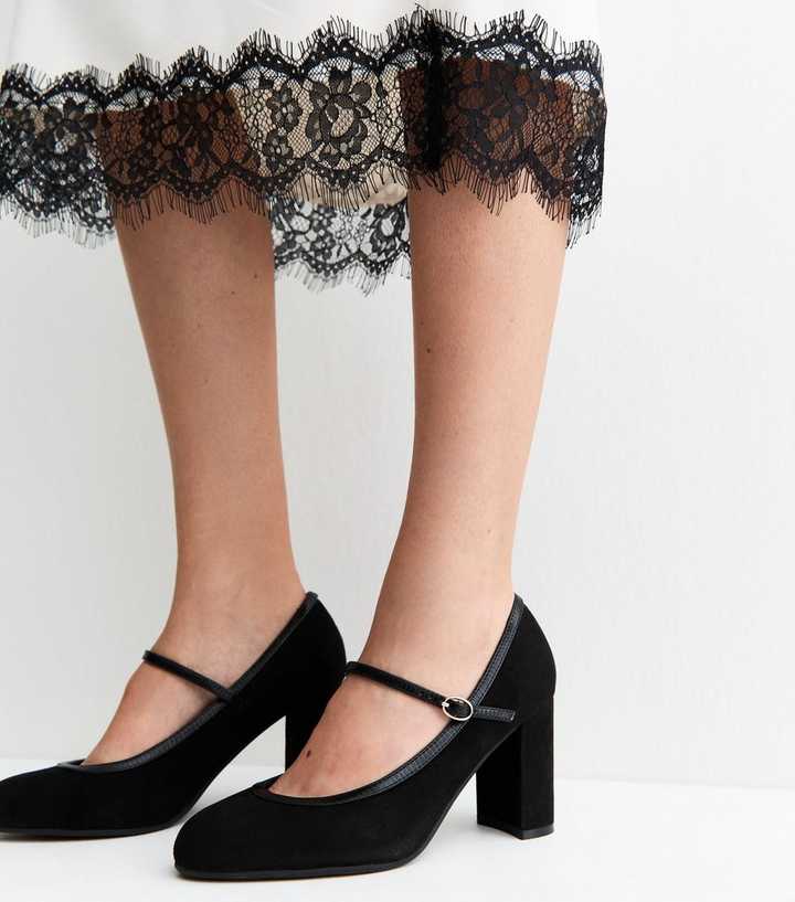 Wide Fit Black Faux Suede Block Heel Mary Janes