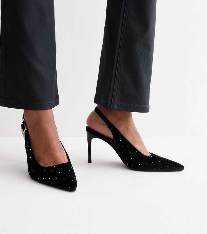 Black Velvet Diamanté Slingback Court Shoes