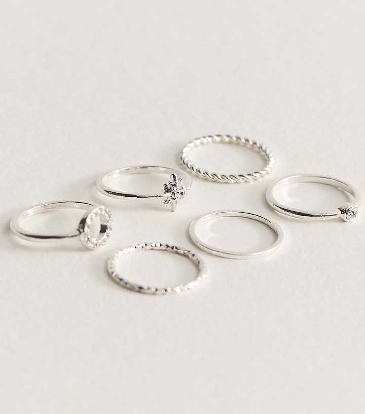 Pack of 6 Silver Tone Diamant?� Stackable Rings