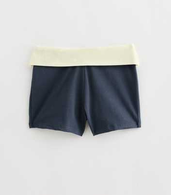 Girls Blue Cotton Rich Folded Waistband Colour Block Shorts