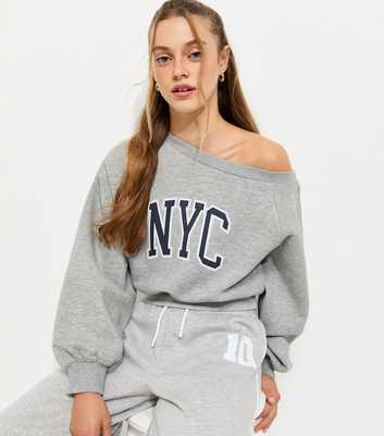 Girls Dark Grey Cotton Rich NYC Off Shoulder Sweatshirt