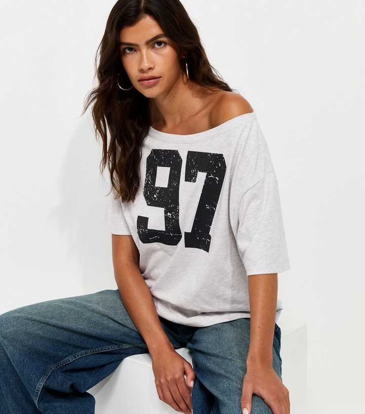 Grey Marl Cotton Rich 97 Off The Shoulder T-Shirt