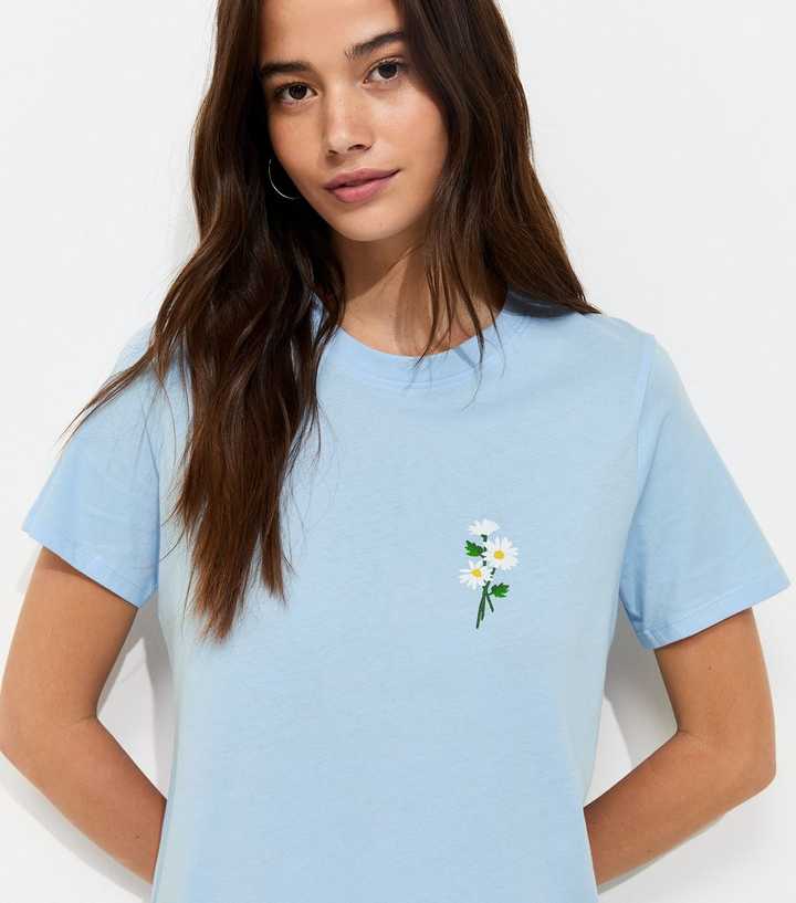 Light Blue Cotton Floral Embroidered T-Shirt