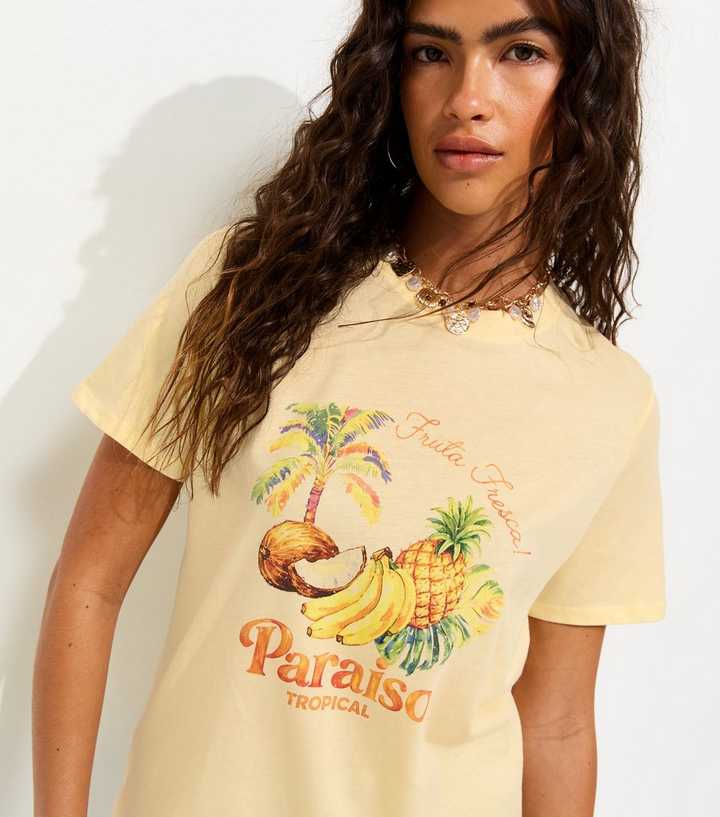 Light Yellow Cotton Paraiso Tropical Fruit Relaxed T-Shirt