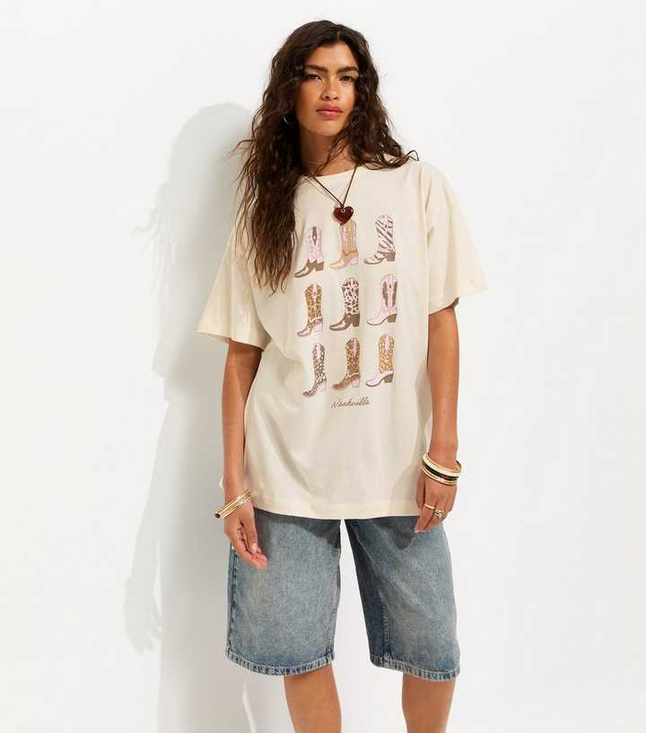 Off White Cotton Cowboy Boot Oversized T-Shirt