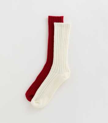 Pack of 2 Cream and Red Ribbed Knit Ankle Socks