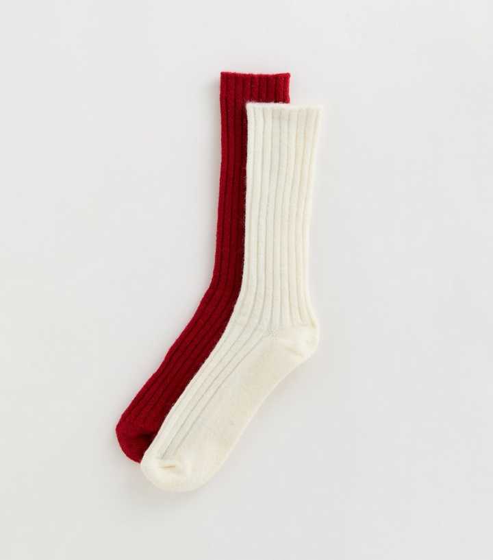 Pack of 2 Cream and Red Ribbed Knit Ankle Socks
