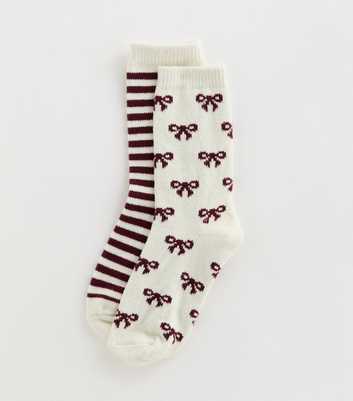 Cream Striped and Bow Patterned Lounge Socks