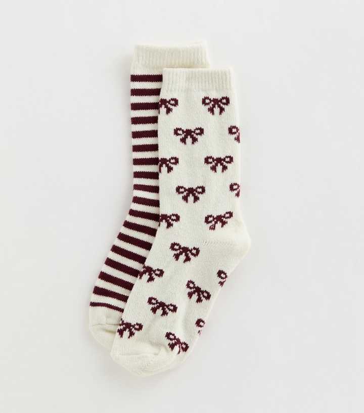 Cream Striped and Bow Patterned Lounge Socks