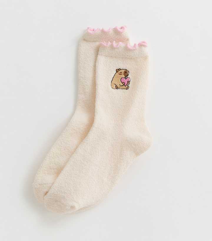 Cream Embroidered Capybara Cosy Ankle Socks