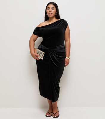 Curves Black Velvet Fallen Shoulder Front Knot Midi Dress