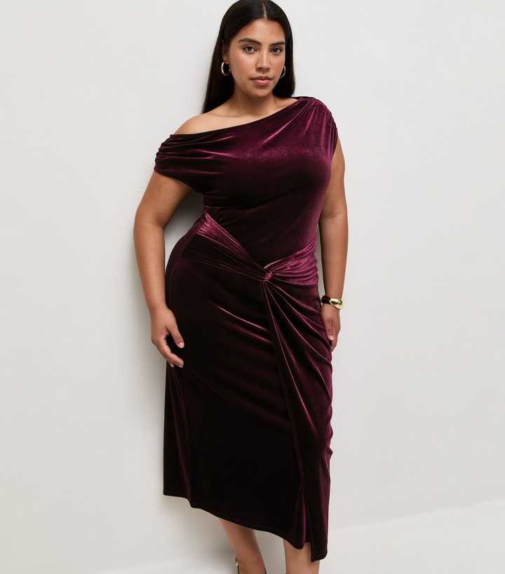 Curves Dark Burgundy Velvet Fallen Shoulder Front Knot Midi Dress