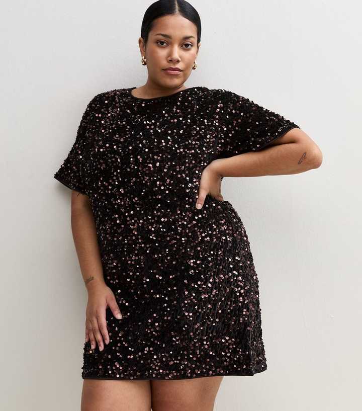 Curves Dark Brown Sequin Embellished Mini T-Shirt Dress