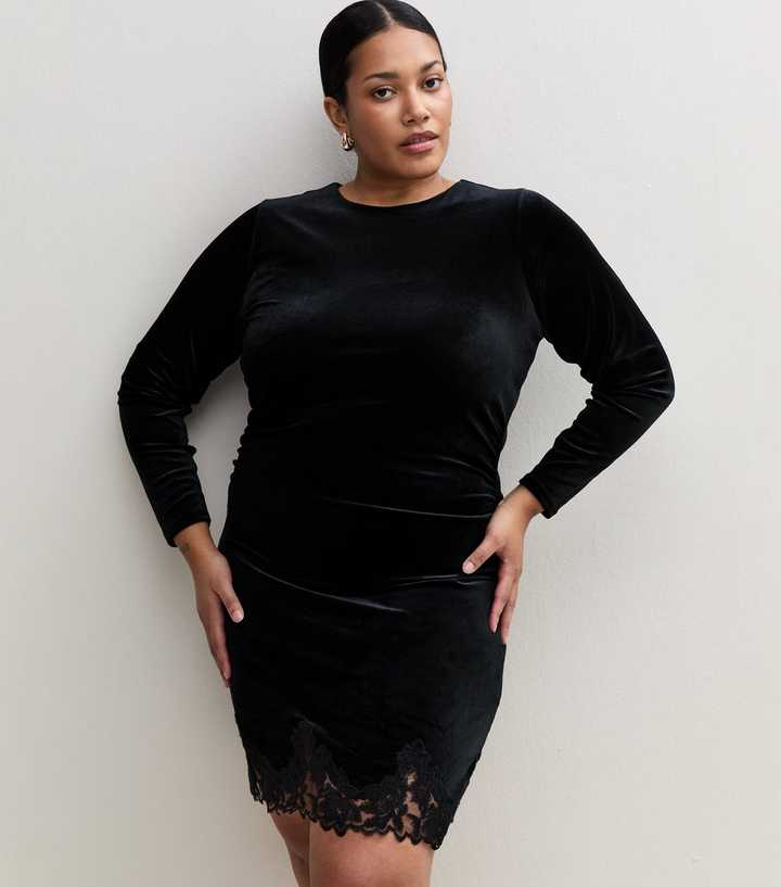 Curves Black Velvet Lace Trim Long Sleeve Mini Dress