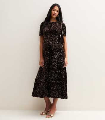 Maternity Dark Brown Sequin Embellished Short Sleeve Midi Dress