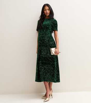 Maternity Dark Green Sequin Embellished Short Sleeve Midi Dress