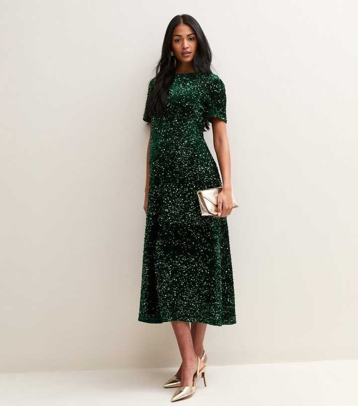 Maternity Dark Green Sequin Embellished Short Sleeve Midi Dress