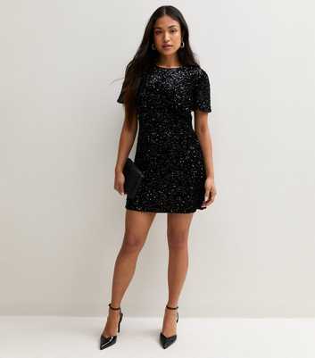 Petite Black Sequin Short Sleeve Mini Shift Dress