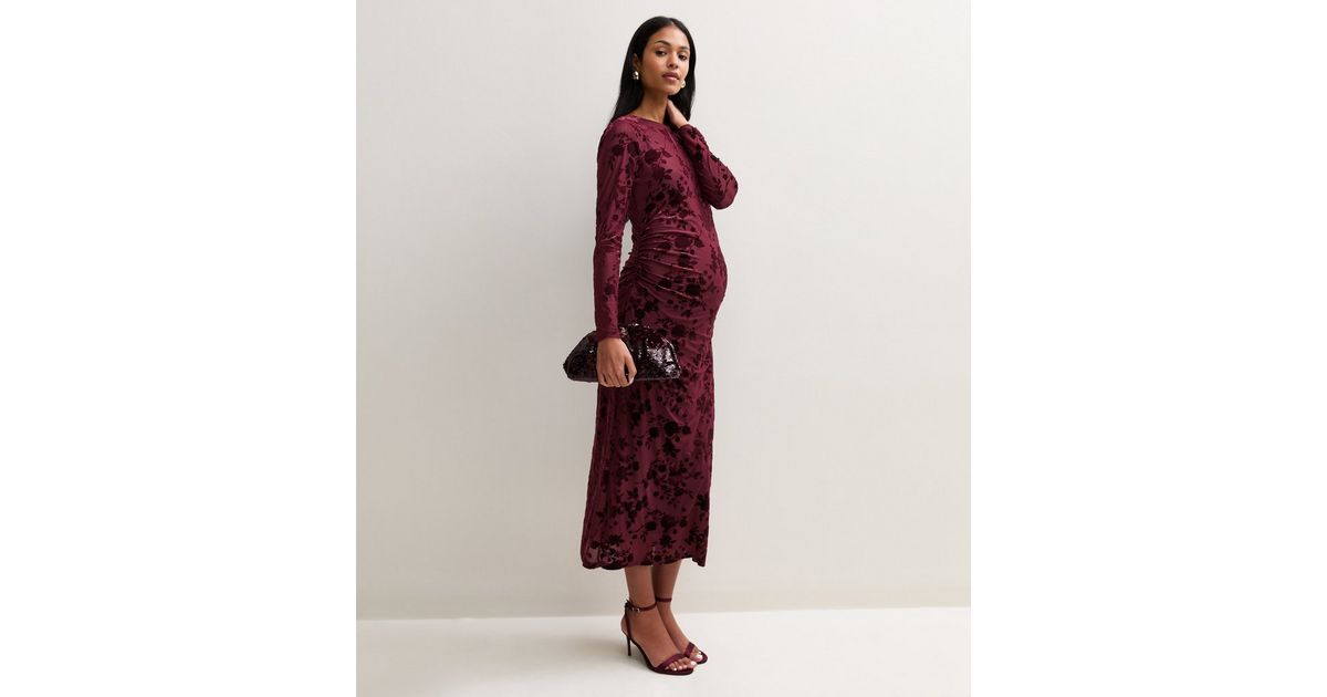 Maternity Dark Burgundy Floral Flocked Long Sleeve Midi Dress
