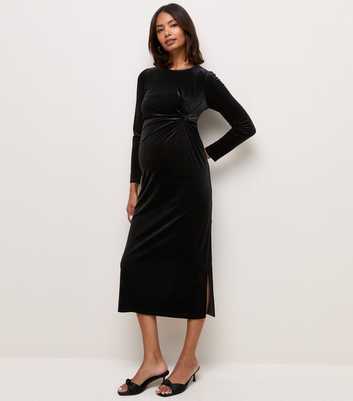Maternity Black Velvet Knot Front Midi Dress