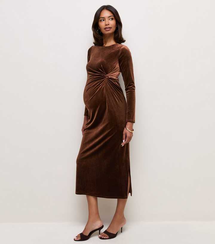 Maternity Dark Brown Velvet Knot Front Midi Dress